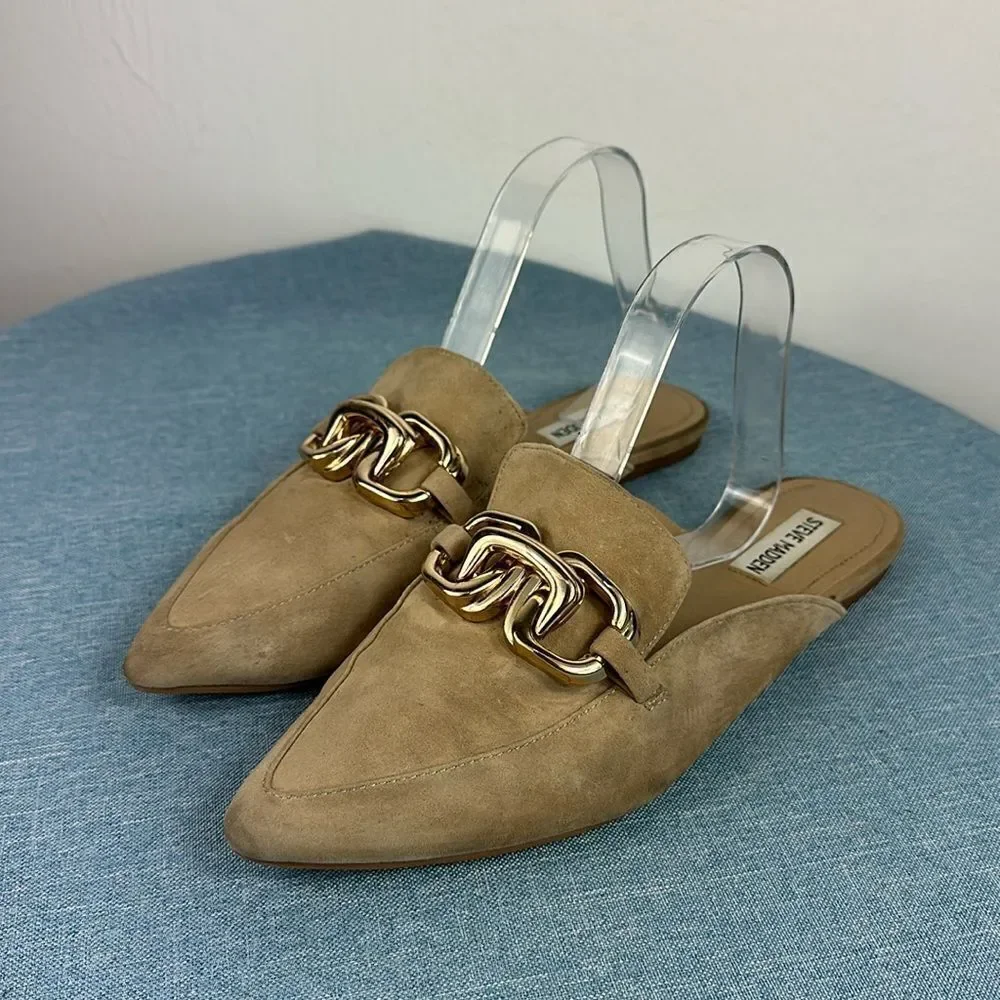 Steve Madden Friends Tan Suede Chain Pointed-Toe Loafer Slides Size 10 M - Picture 2 of 8